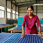**

"A vibrant textile factory in Bangladesh showcasing sustainable production. Solar panels on the roof, workers in safe and well-lit conditions, and advanced water recycling systems visible. Depict a collaboration between a Dutch textile expert and a local factory owner, smiling and reviewing eco-friendly fabric samples. Focus on the contrast between traditional methods and modern, green technologies."

**