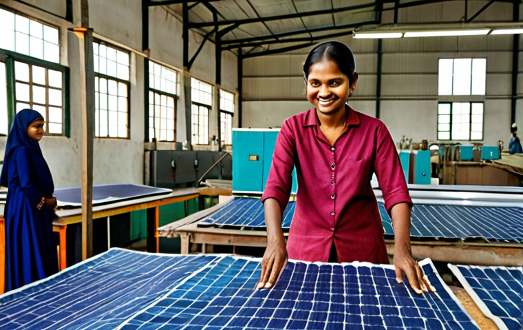 **

"A vibrant textile factory in Bangladesh showcasing sustainable production. Solar panels on the roof, workers in safe and well-lit conditions, and advanced water recycling systems visible. Depict a collaboration between a Dutch textile expert and a local factory owner, smiling and reviewing eco-friendly fabric samples. Focus on the contrast between traditional methods and modern, green technologies."

**